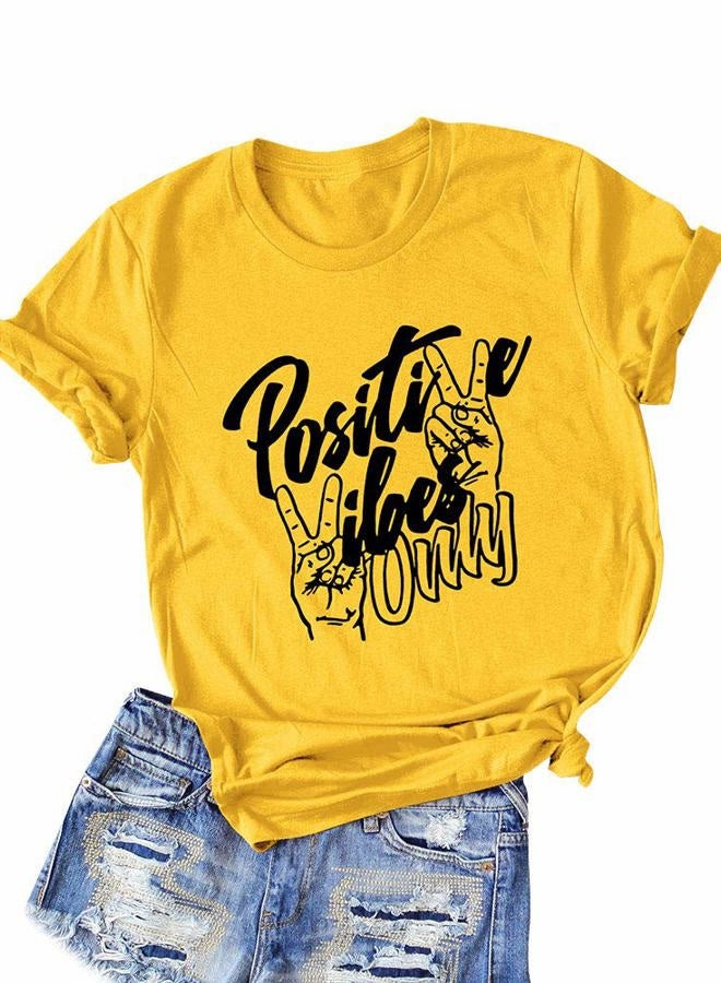 Nlife Women Positive Vibes Letter Victory Sign Short Sleeve Casual Tee Shirts, A-yellow, M - Image 1