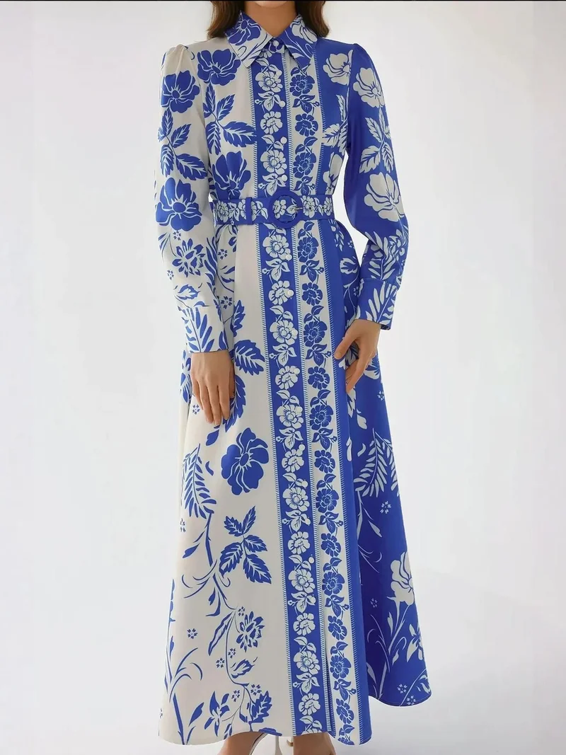 زوبعة فستان طويل بأكمام طويلة وطبعة مع حزام