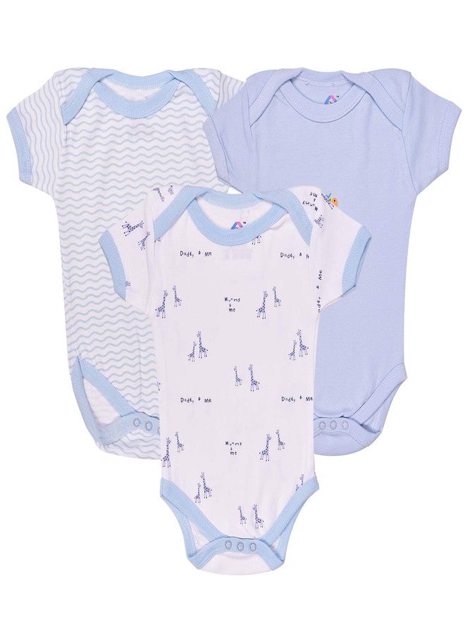 Magic Town Baby Boy/Girl Multi-Color Cotton Short/Long Sleeve Romper Jumpsuit Bodysuit Unisex (Pack of 3) (0-3 months, Blue) - Image 1