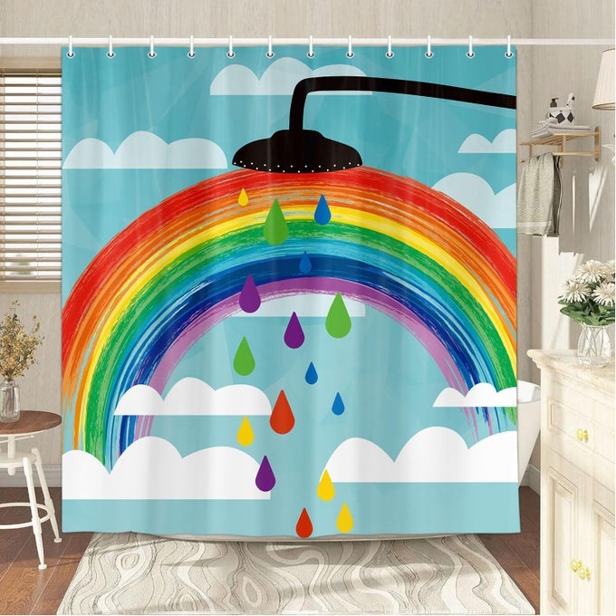 FUNNY RAINBOW SHOWER CURTAIN FOR KIDS COLORFUL RAINBOW WHITE CLOUD ON BLUE SKY BATHROOM CURTAINS CUTE CREATIVE KIDS CARTOON FABRIC SHOWER CURTAIN SETS WITH HOOKS 72X72 INCHES