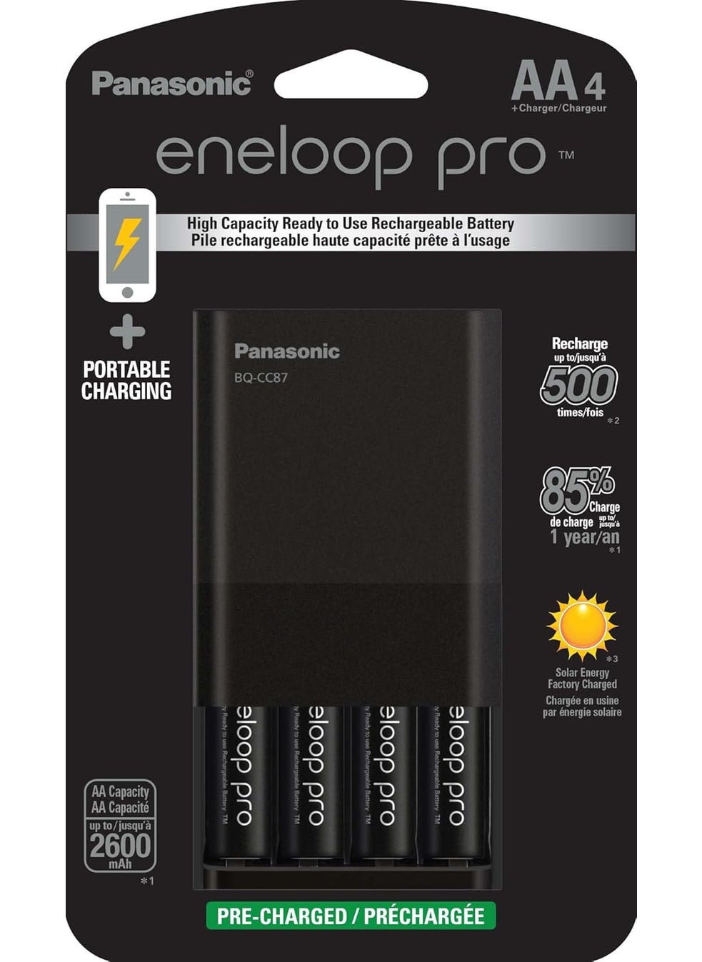 eneloop Panasonic KKJ87KHA4BA Individual Battery Charger with Portable Charging Technology and 4AA eneloop pro Rechargeable Batteries Black  - Image 1