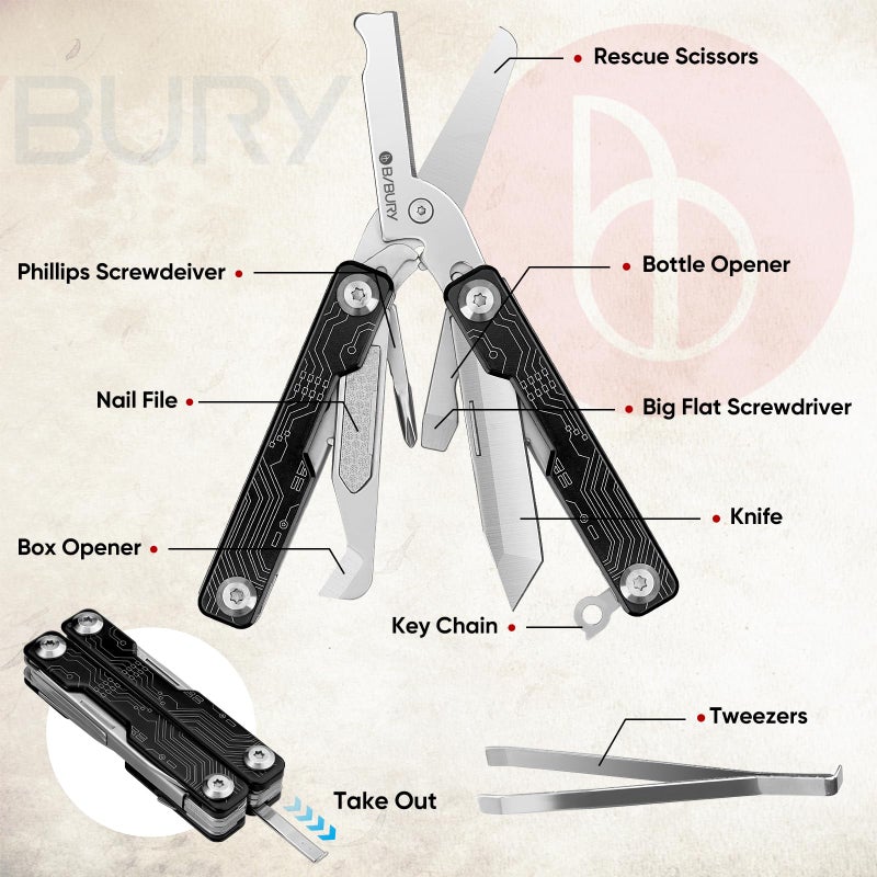 BIBURY Mini Keychain Multitool Scissors B12062B, 9 in 1 Multitool EDC Scissors with Screwdriver, Bottle Opener, Pocket Knife, Spring -Mini Multi Tool for Outdoor, Daily Use, Gifts for Men and Women - Image 2