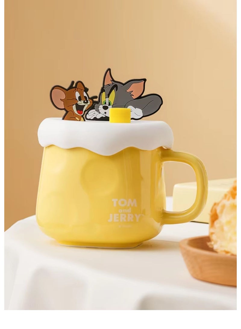 Disney Tom & Jerry Ceramic Mug with Lid – Cute Yellow Cheese-Themed Cartoon Coffee Cup, 3D Character Topper, 410ml, Heat-Resistant Ceramic, Gift Box Included - Image 1