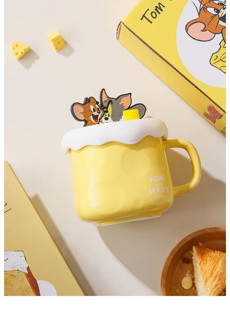 Disney Tom & Jerry Ceramic Mug with Lid – Cute Yellow Cheese-Themed Cartoon Coffee Cup, 3D Character Topper, 410ml, Heat-Resistant Ceramic, Gift Box Included - Image 2