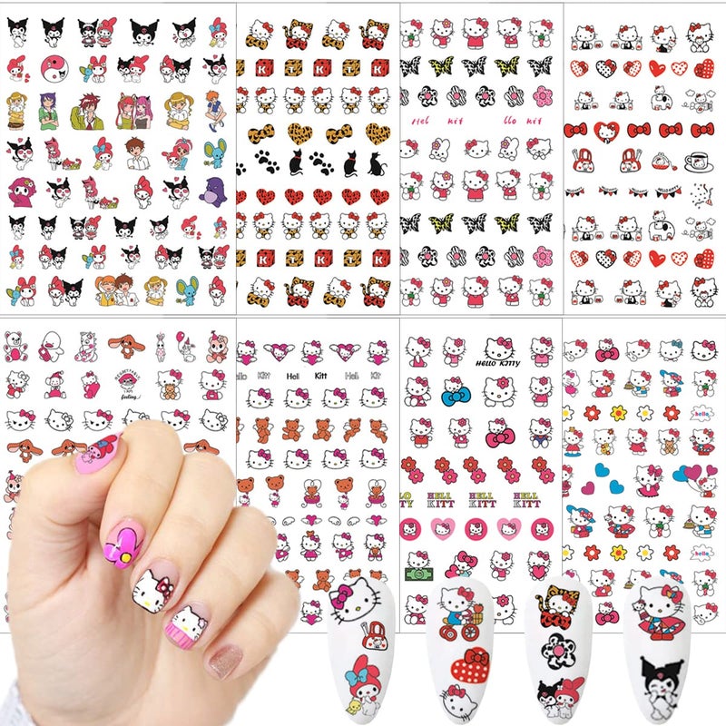 Cute Nail Art Stickers 8 Sheets Kawaii Cartoon Nail Stickers 3D Self Adhesive Cute Cat Design Acrylic Nail Charms Designer Nail Decals for Women Girls DIY Manicure Decoration Supplies