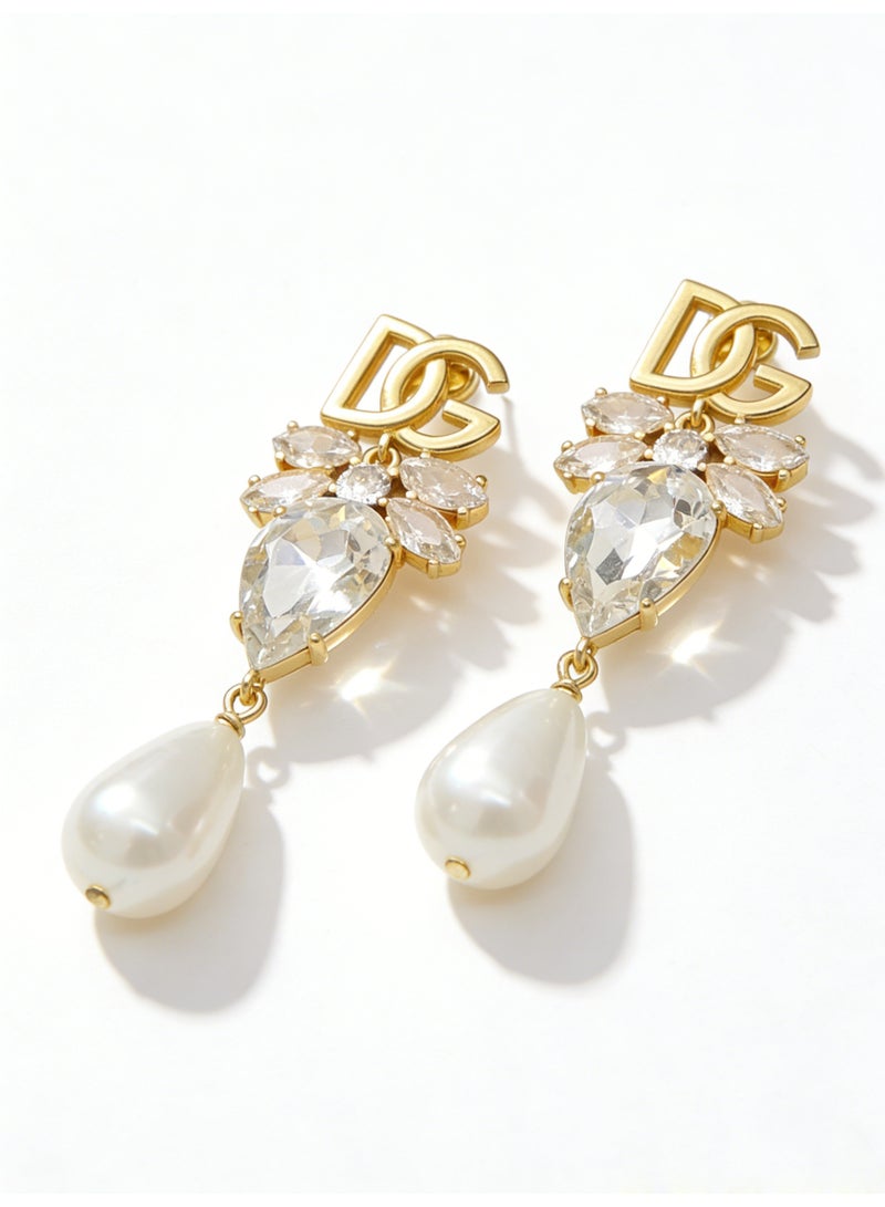 D&G Luxurious water drop Crystal Pearl Earrings retro letters studded long earrings banquet dress earrings - Image 2