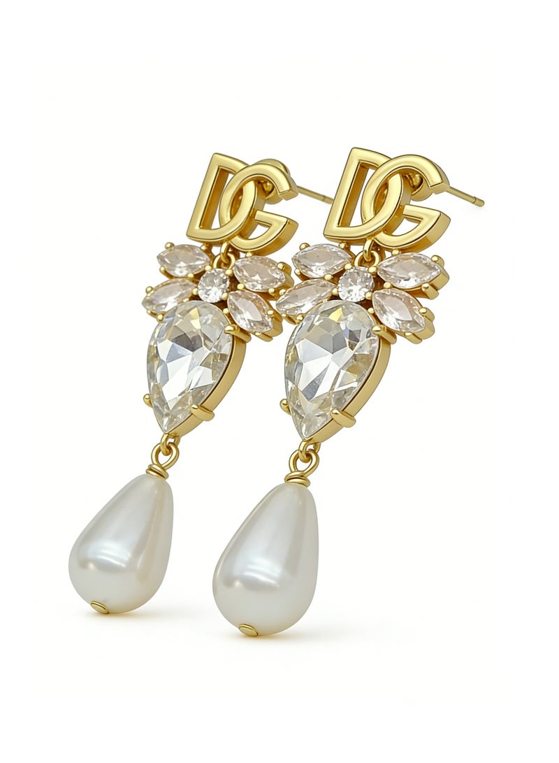D&G Luxurious water drop Crystal Pearl Earrings retro letters studded long earrings banquet dress earrings - Image 4