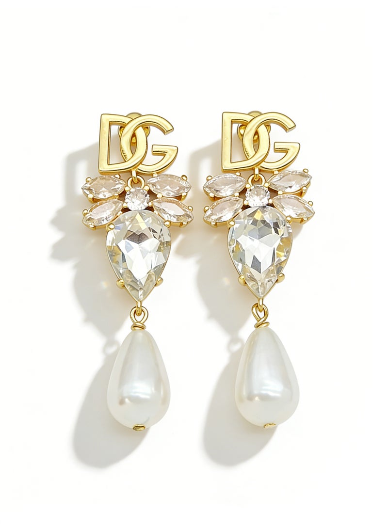 D&G Luxurious water drop Crystal Pearl Earrings retro letters studded long earrings banquet dress earrings - Image 1