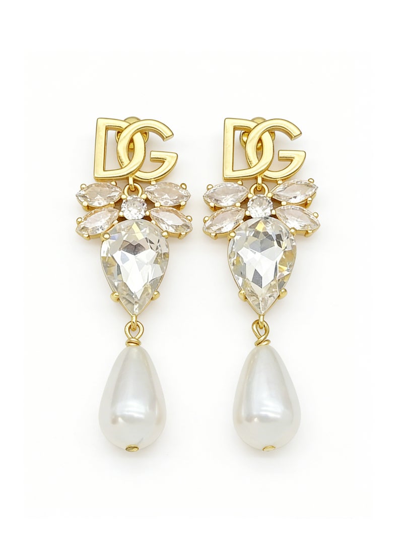 D&G Luxurious water drop Crystal Pearl Earrings retro letters studded long earrings banquet dress earrings - Image 3