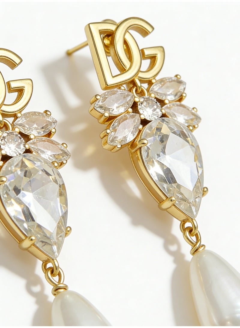 D&G Luxurious water drop Crystal Pearl Earrings retro letters studded long earrings banquet dress earrings - Image 5