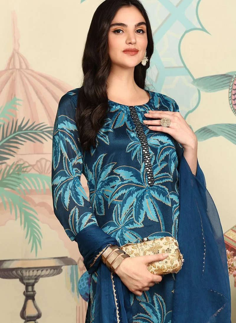 ISHIN Women'S Navy Polyester Blend Self Design Full Length Palazzo Kurta Set