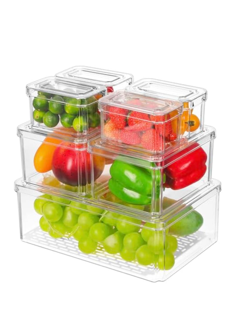 KASTWAVE 7 Pack Fridge Organizer Bins, Food Storage Containers with Lids Airtight, PET Food Storage Container, 3 Sizes Clear Fridge Organizer with Lids, Stackable BPA-Free Fruit Storage Containers  - Image 1
