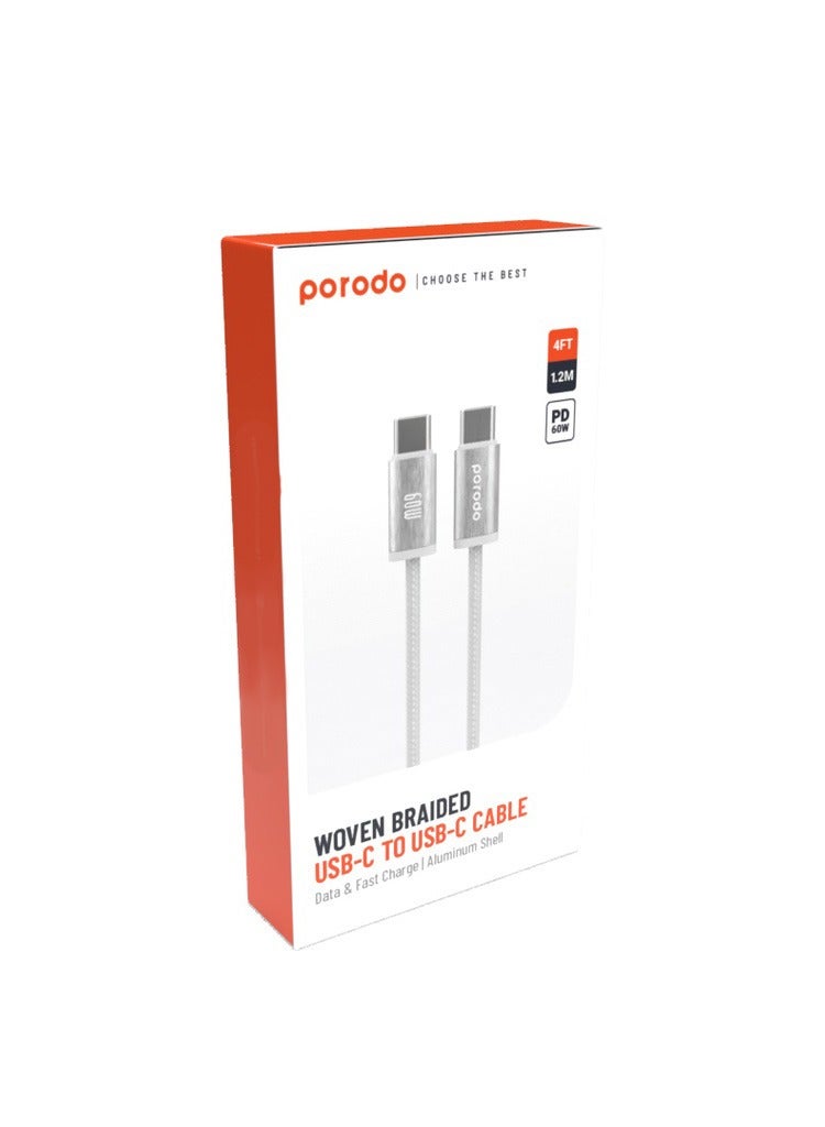 porodo Woven 60W Type-C to Type-C Cable 1.2m - White  - Image 2