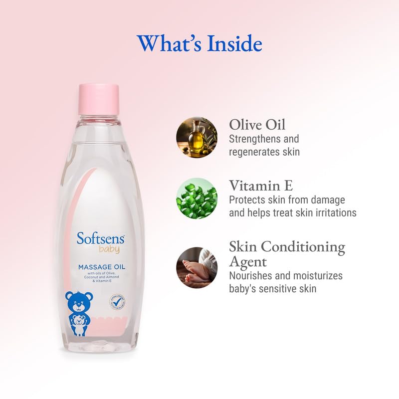 Softsens Baby Calming Massage Oil 200ml each (Pack of 2) | Deep Nourishing & Soothing Daily Massage Oil with Coconut, Olive & Almond Oils & Vitamin E | Dermatologically Tested, Hypoallergenic & Paraben‑Free - Image 2