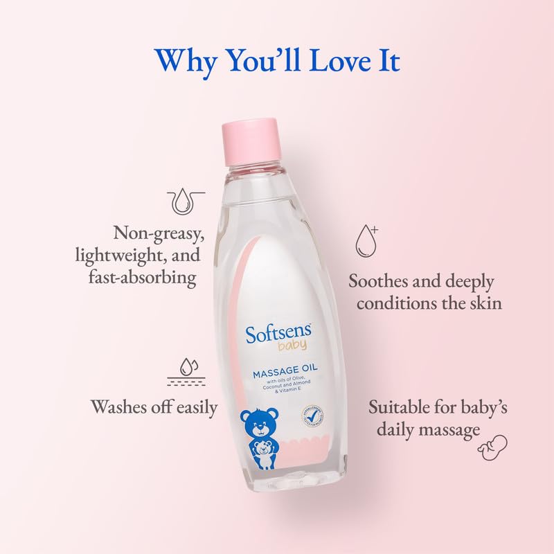 Softsens Baby Calming Massage Oil 200ml each (Pack of 2) | Deep Nourishing & Soothing Daily Massage Oil with Coconut, Olive & Almond Oils & Vitamin E | Dermatologically Tested, Hypoallergenic & Paraben‑Free - Image 3