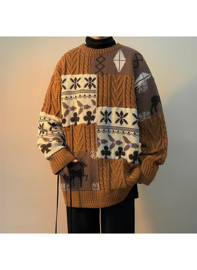 Generic Thickened Winter Knitted Sweater Mens Casual Crew Neck Pullover Warm Plus Size Trendy Couple Christmas Vintage Autumn/Winter brown  - Image 1