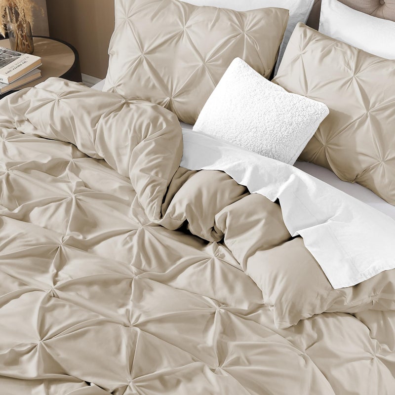 Litanika Oatmeal Pinch Pleat Duvet Cover King, 3 Pieces Pintuck Soft Microfiber Bedding Set with Zipper Closure & Corner Ties(104x90Inch-1 Duvet Cover, 2 Pillowcases) - Image 3