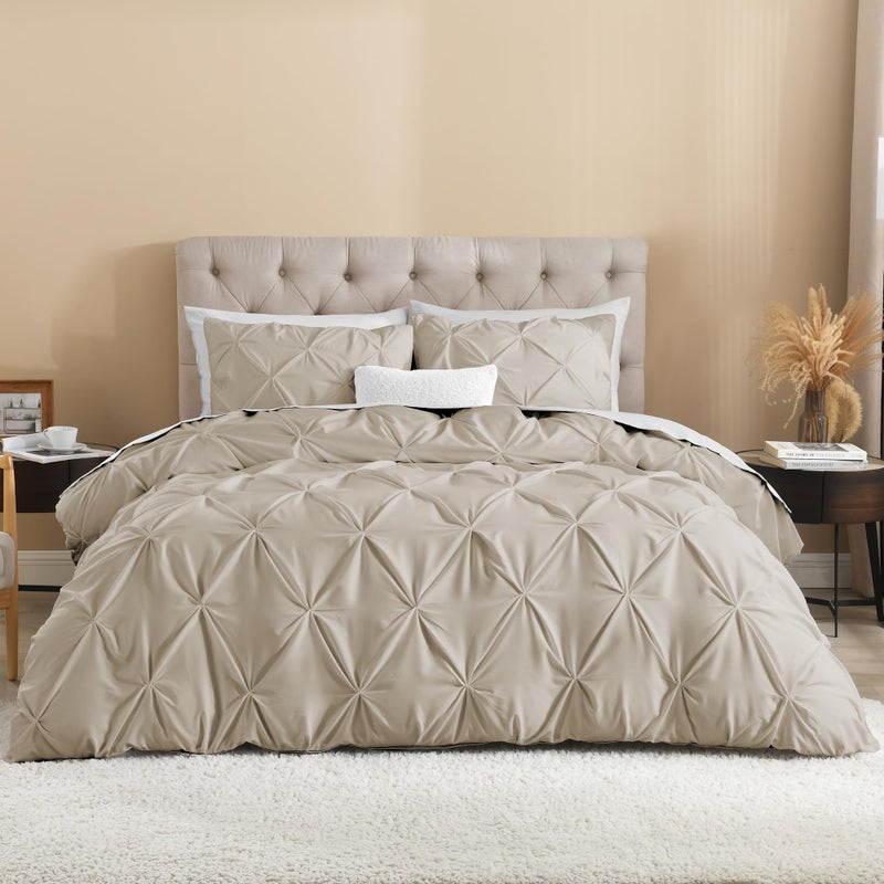 Litanika Oatmeal Pinch Pleat Duvet Cover King, 3 Pieces Pintuck Soft Microfiber Bedding Set with Zipper Closure & Corner Ties(104x90Inch-1 Duvet Cover, 2 Pillowcases) - Image 1