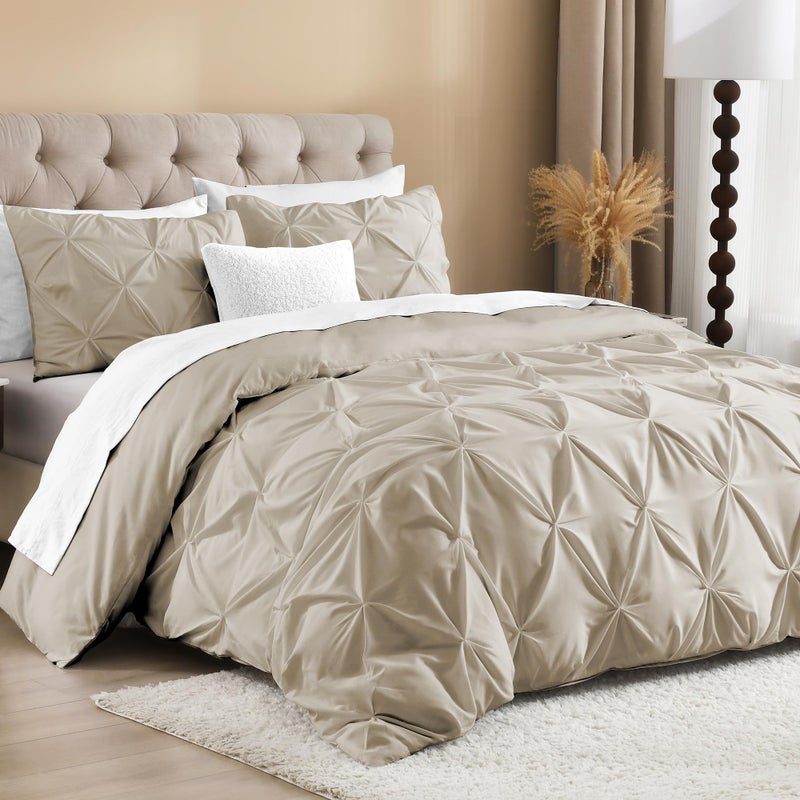 Litanika Oatmeal Pinch Pleat Duvet Cover King, 3 Pieces Pintuck Soft Microfiber Bedding Set with Zipper Closure & Corner Ties(104x90Inch-1 Duvet Cover, 2 Pillowcases) - Image 2