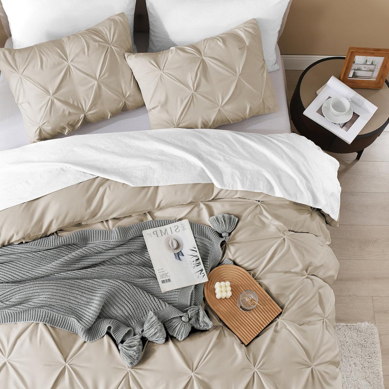 Litanika Oatmeal Pinch Pleat Duvet Cover King, 3 Pieces Pintuck Soft Microfiber Bedding Set with Zipper Closure & Corner Ties(104x90Inch-1 Duvet Cover, 2 Pillowcases) - Image 4