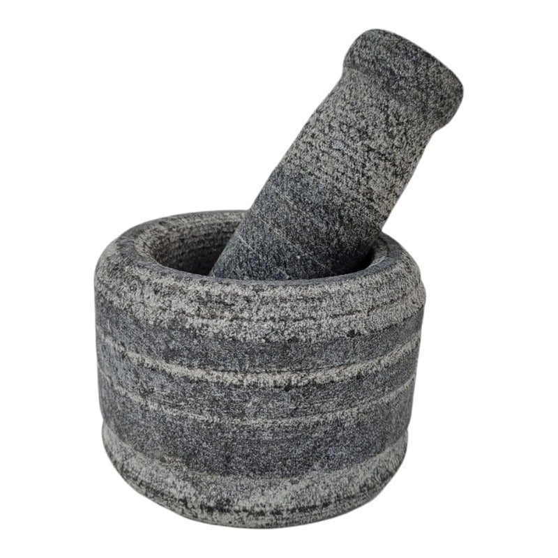 AZKAR Stone Mortar Pestle Set for Spices Okhli Masher Khalbatta Kharal Mixer Natural Traditional Grinder and Musal Well Design for Kitchen Home Herb 5 in - Image 1