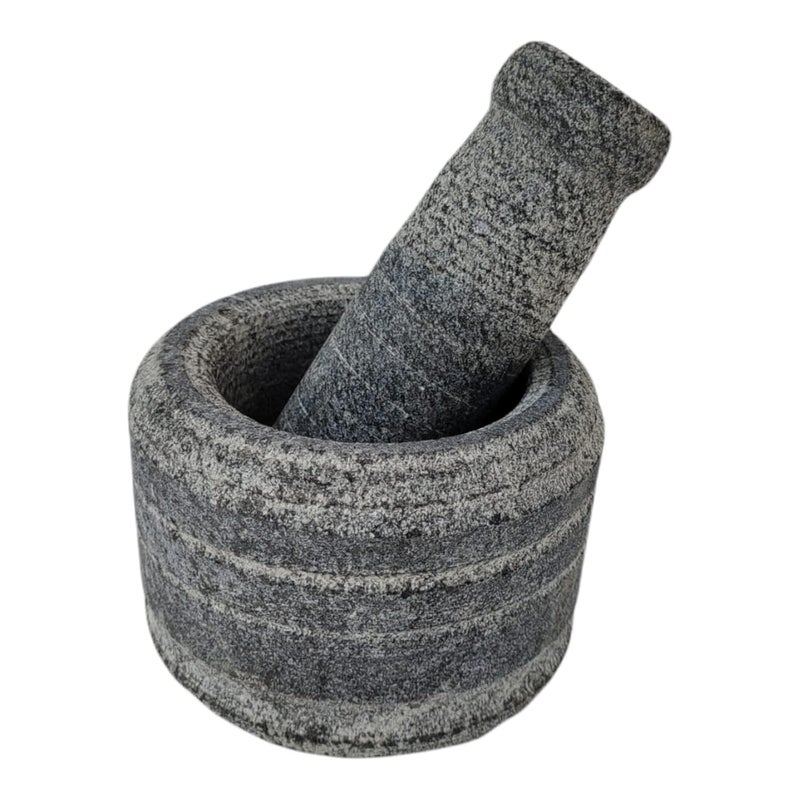AZKAR Stone Mortar Pestle Set for Spices Okhli Masher Khalbatta Kharal Mixer Natural Traditional Grinder and Musal Well Design for Kitchen Home Herb 5 in - Image 2