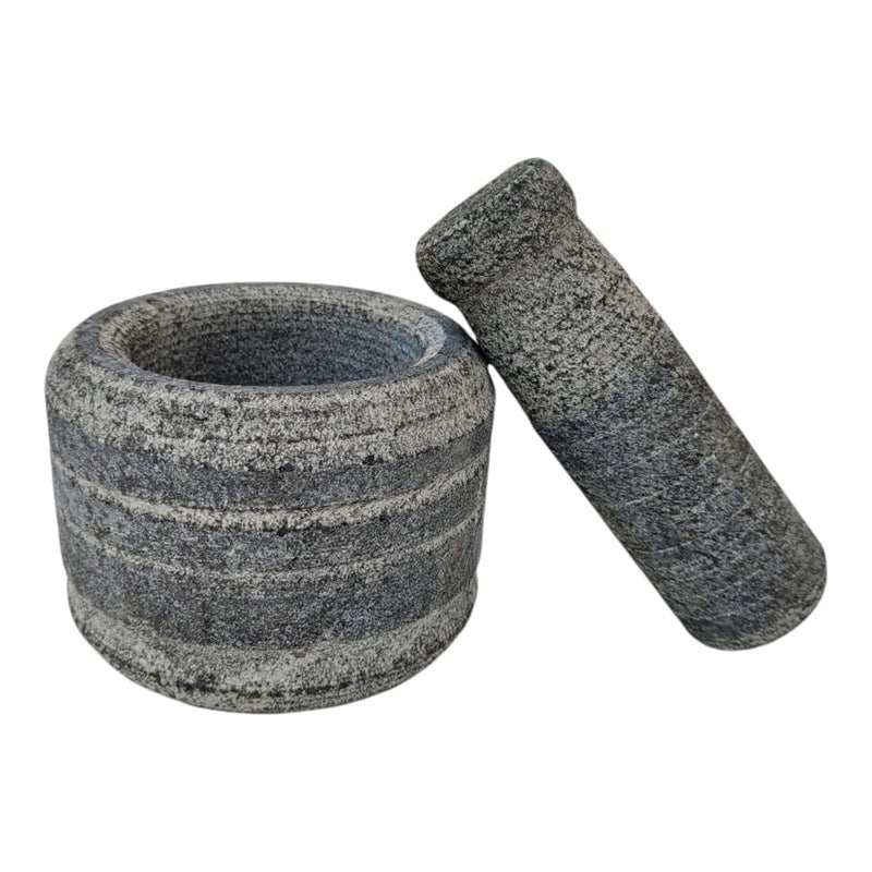 AZKAR Stone Mortar Pestle Set for Spices Okhli Masher Khalbatta Kharal Mixer Natural Traditional Grinder and Musal Well Design for Kitchen Home Herb 5 in - Image 4