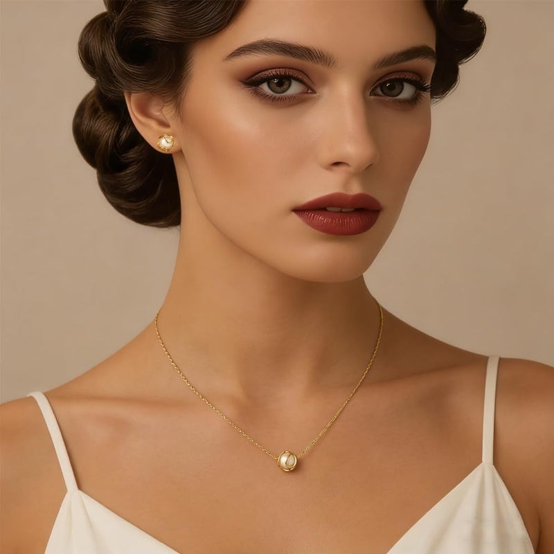 Goodern 14K Gold Plated Pearl Jewelry Set for Women - Round Shell Pendant Necklace and Earring Set - Image 2
