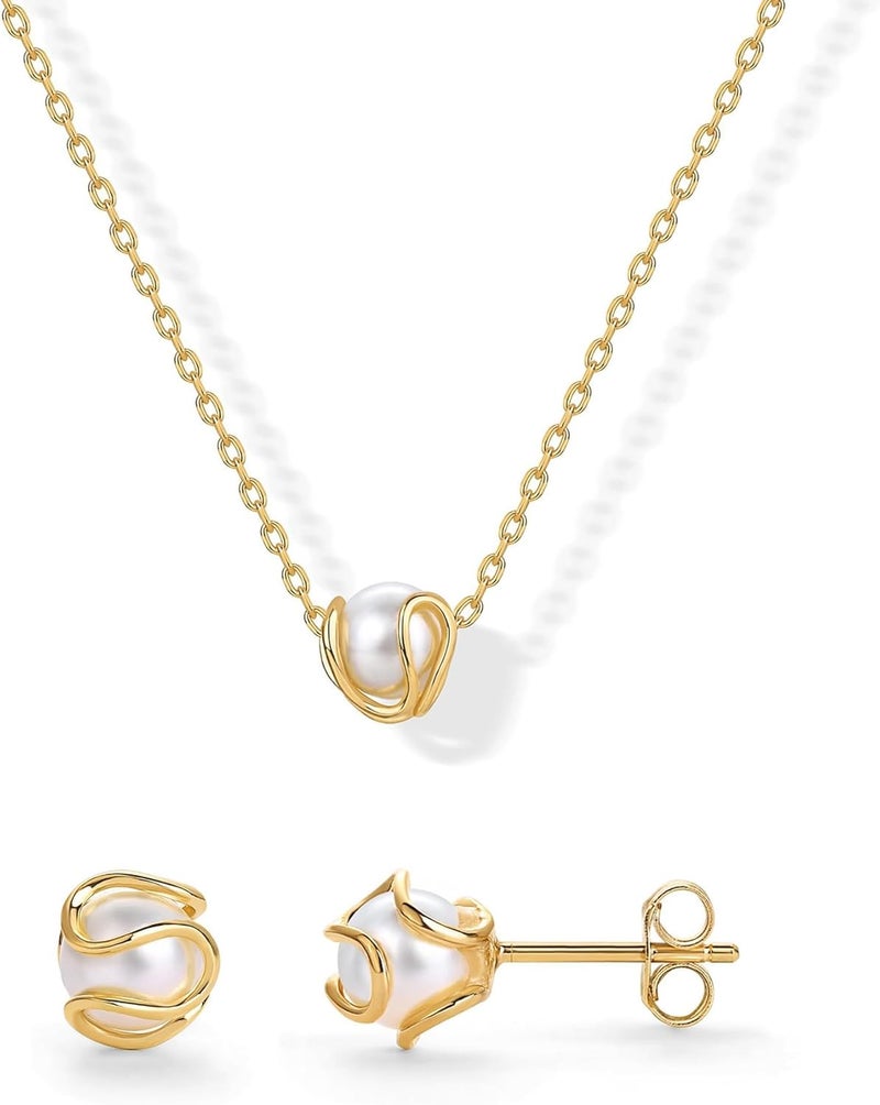 Goodern 14K Gold Plated Pearl Jewelry Set for Women - Round Shell Pendant Necklace and Earring Set - Image 1