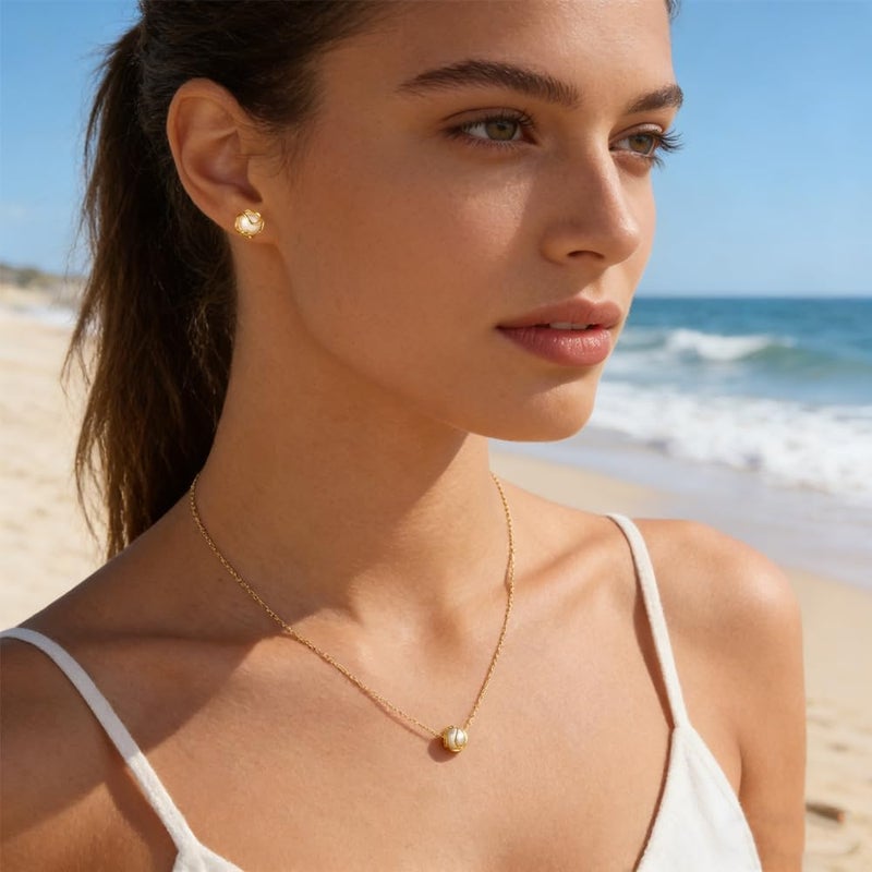 Goodern 14K Gold Plated Pearl Jewelry Set for Women - Round Shell Pendant Necklace and Earring Set - Image 5