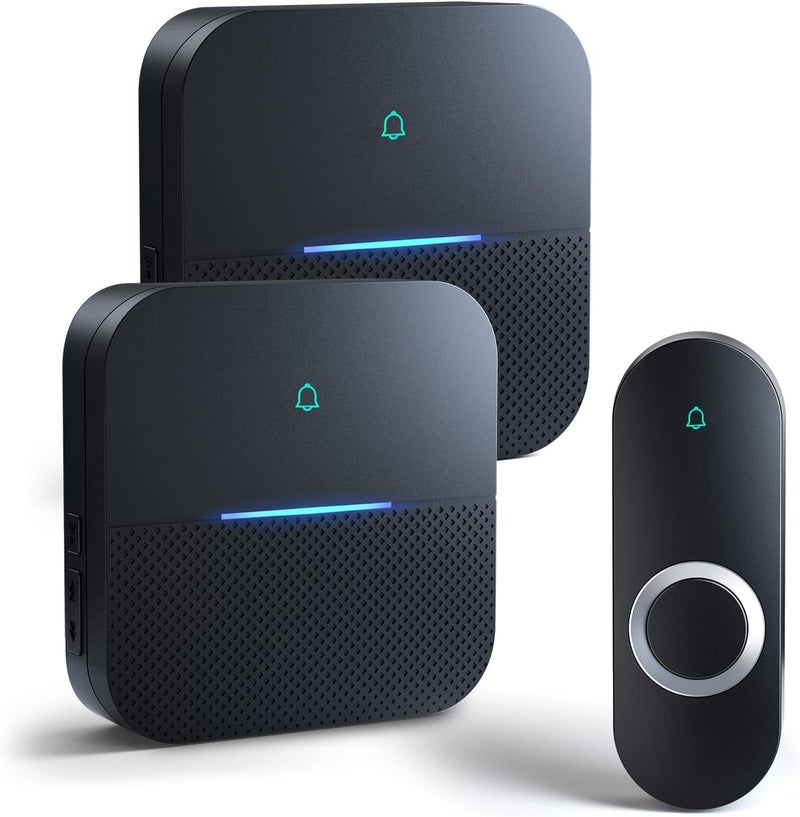 Aida Lighted Wireless Doorbell for Home, Waterproof Battery Doorbell Wireless 1,000ft Range, 5 Volume Levels with 58 Chimes & LED Flash on Receiver (Black, 1 transmitter & 2 Receiver) - Image 1