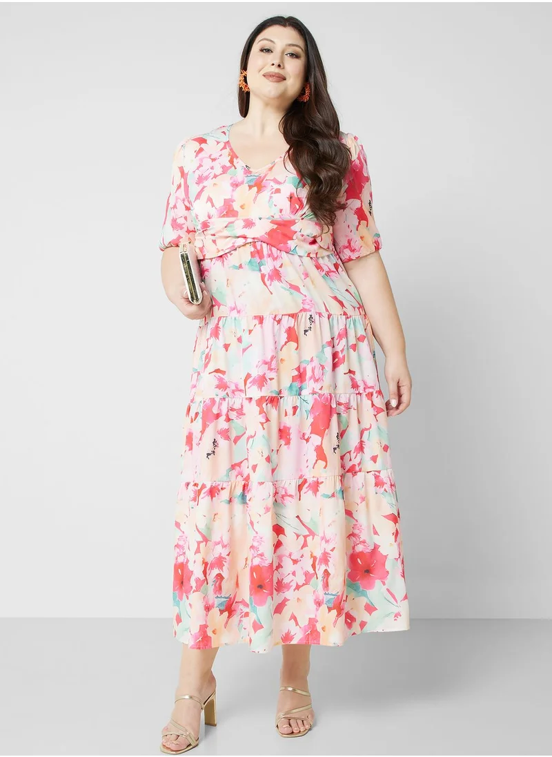 Ginger Plus Printed Smock Detail Fit & Flare Dress