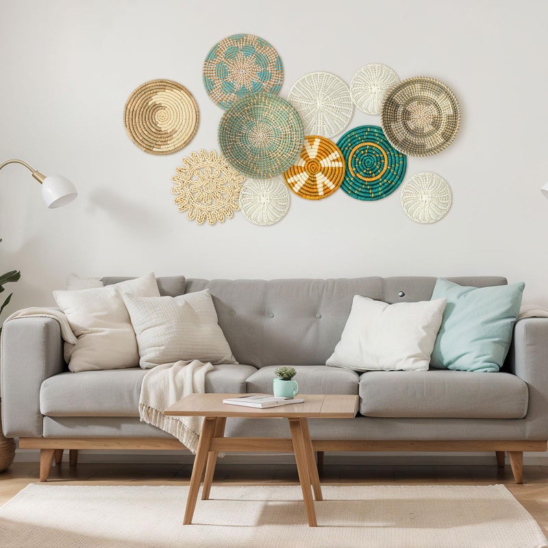 Tatuo 11 Pcs Boho Wall Basket Decor Decorative Bulrush Woven Basket Wall Decor Art Round Farmhouse Hanging Baskets for Kitchen Rustic Home Summer Decorations, Multi Sizes(Bright) - Image 4
