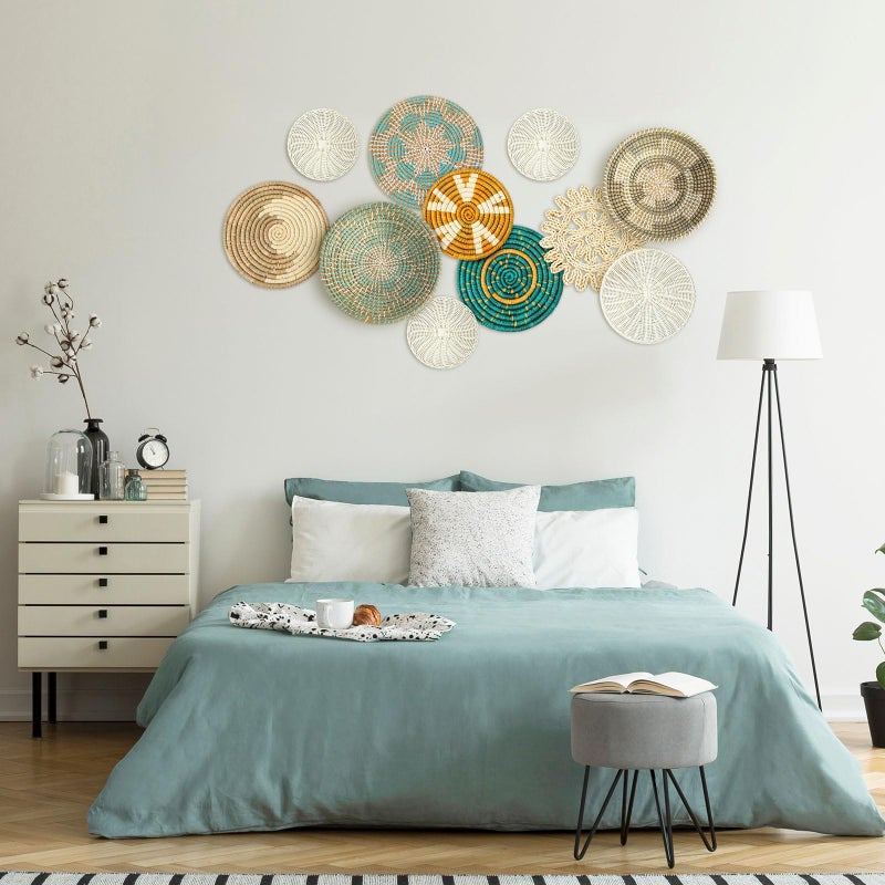 Tatuo 11 Pcs Boho Wall Basket Decor Decorative Bulrush Woven Basket Wall Decor Art Round Farmhouse Hanging Baskets for Kitchen Rustic Home Summer Decorations, Multi Sizes(Bright) - Image 2