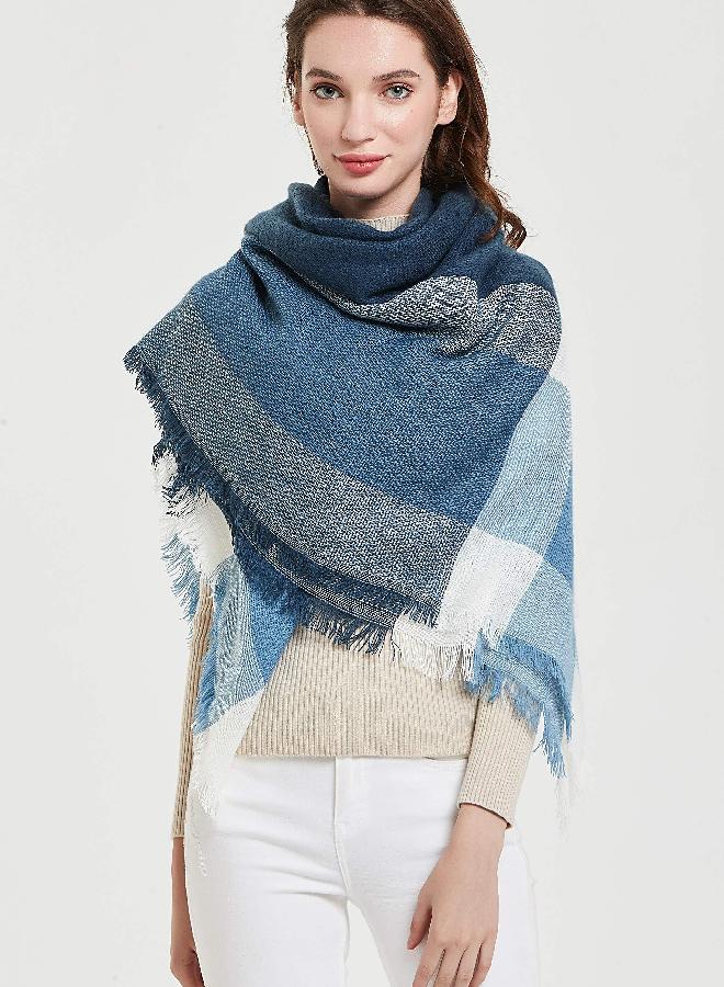 Wander Agio Womens Warm Blanket Scarf Square Winter Shawls Infinity Scarves Stripe Plaid Blue Navy Cyan 2