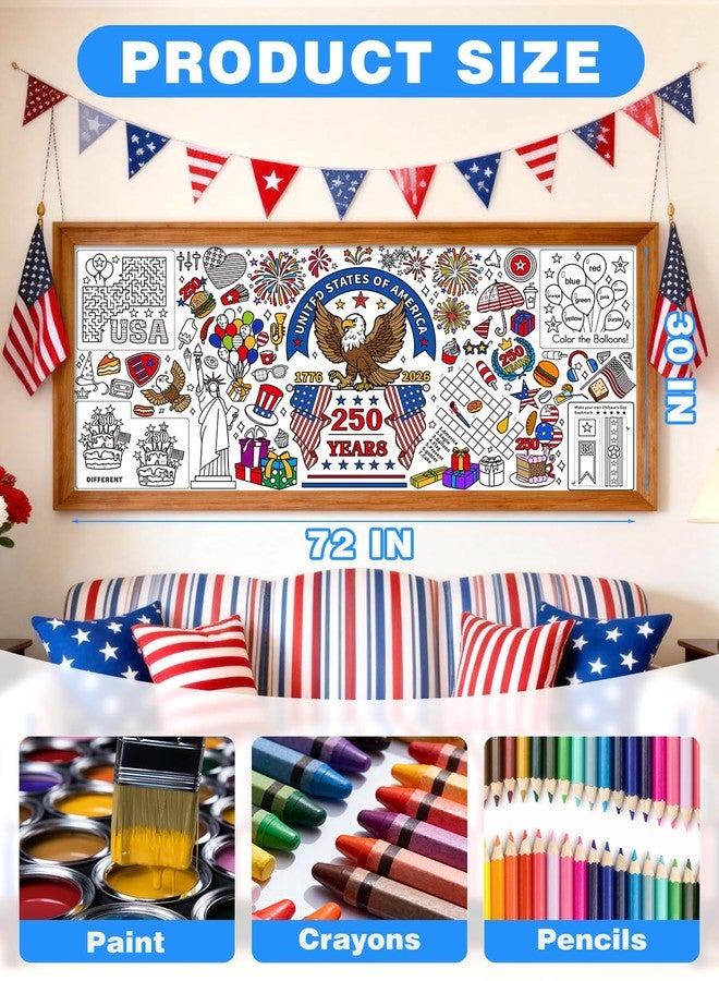 Diltik USA 250th Anniversary Giant Coloring Poster/Tablecloth – 30 x 72 Inch Jumbo 1776–2026 Patriotic Coloring Banner for Independence Party Games, Classroom Activities & Home Decor - Image 2