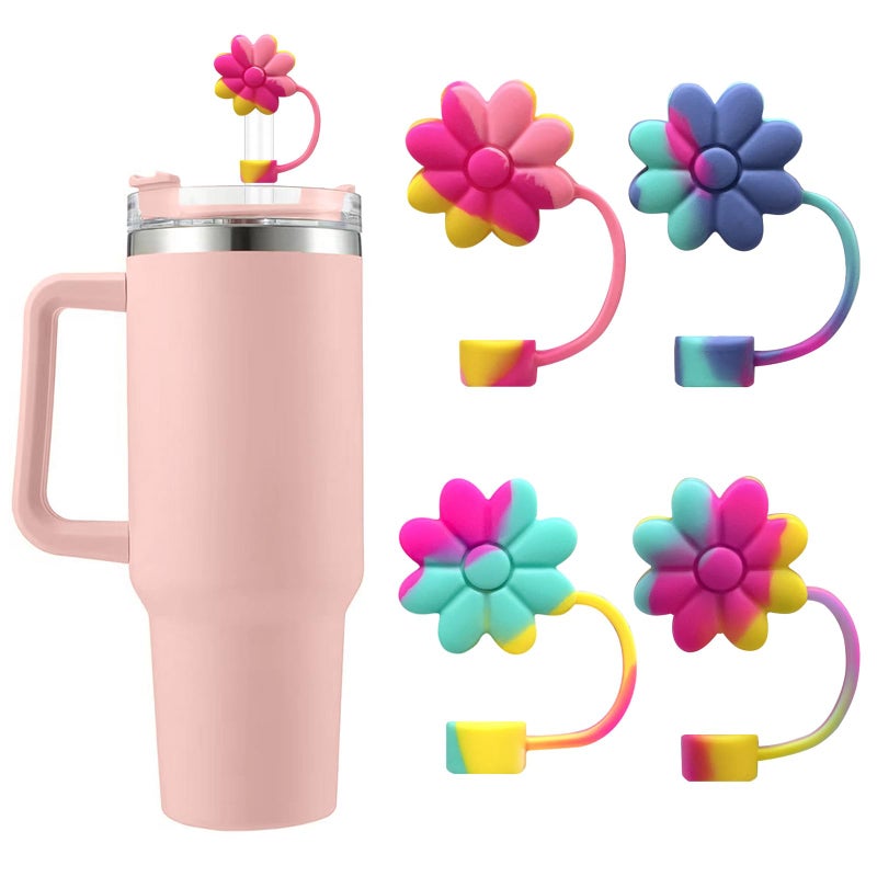 SEMATA Flower Straw Covers Toppers Silicone Accessories for Stanley Cups 3040 Oz Tumbler with Handle Reusable Colorful Straw Caps Tips for Stanley 04in Straws DustProof Straw Lids4 Pcs