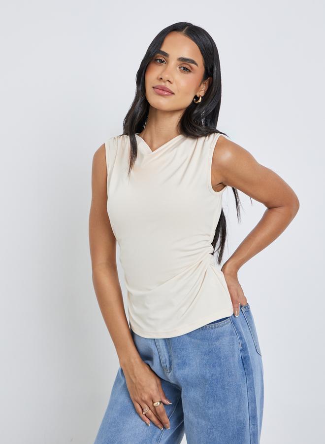 Styli Women Cream Gathered Waist Sleeveless Top - Image 3