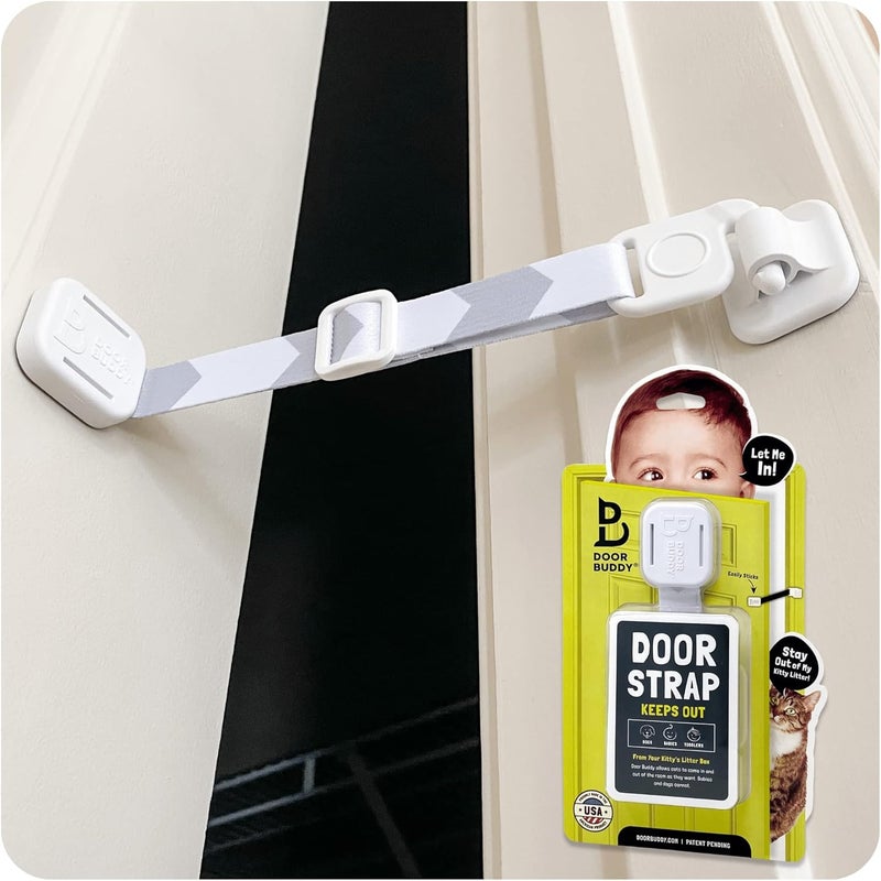 Door Buddy Baby & Cat Door Latch - Grey. Adjustable Strap Keeps Kids Out of Cat Areas. Simple Child Safety Lock for Doors. The Easier Baby Gate and Kitty Door Interior Alternative. - Image 1
