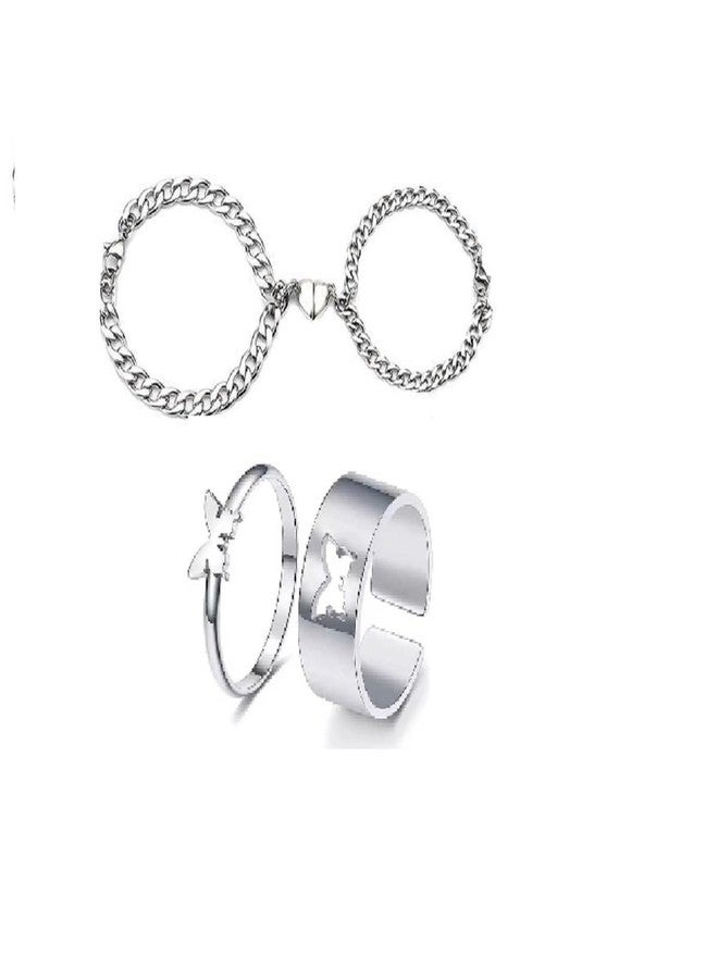 BEAUTIVIA Couples Matching Magnetic Heart Bracelet and Butterfly Ring Set, Valentine and Friendship Gift - Image 1