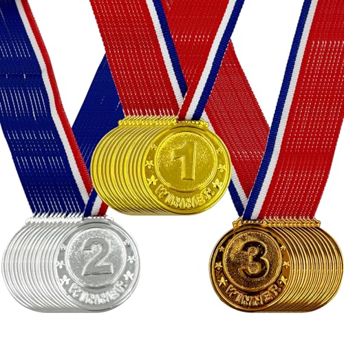 Flyekist 36 Pieces Plastic Winner Award Medals for Kids, Childrens Plastic Gold Silver Bronze Medals for Sports, Games Competitions, Party Favors and Decorations - Image 1