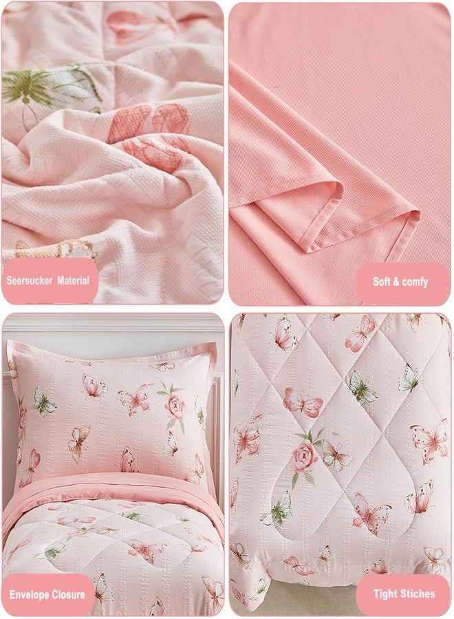 DuShow Pink Butterfly Toddler Bedding Set for Girls,4 Pieces Toddler Bed Set,Seersucker Toddler Comforter Set,Includes Comforter,Flat Sheet,Fitted Sheet and Pillowcase - Image 5