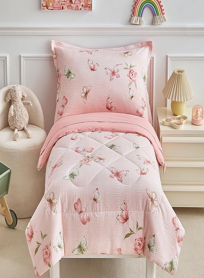 DuShow Pink Butterfly Toddler Bedding Set for Girls,4 Pieces Toddler Bed Set,Seersucker Toddler Comforter Set,Includes Comforter,Flat Sheet,Fitted Sheet and Pillowcase - Image 1