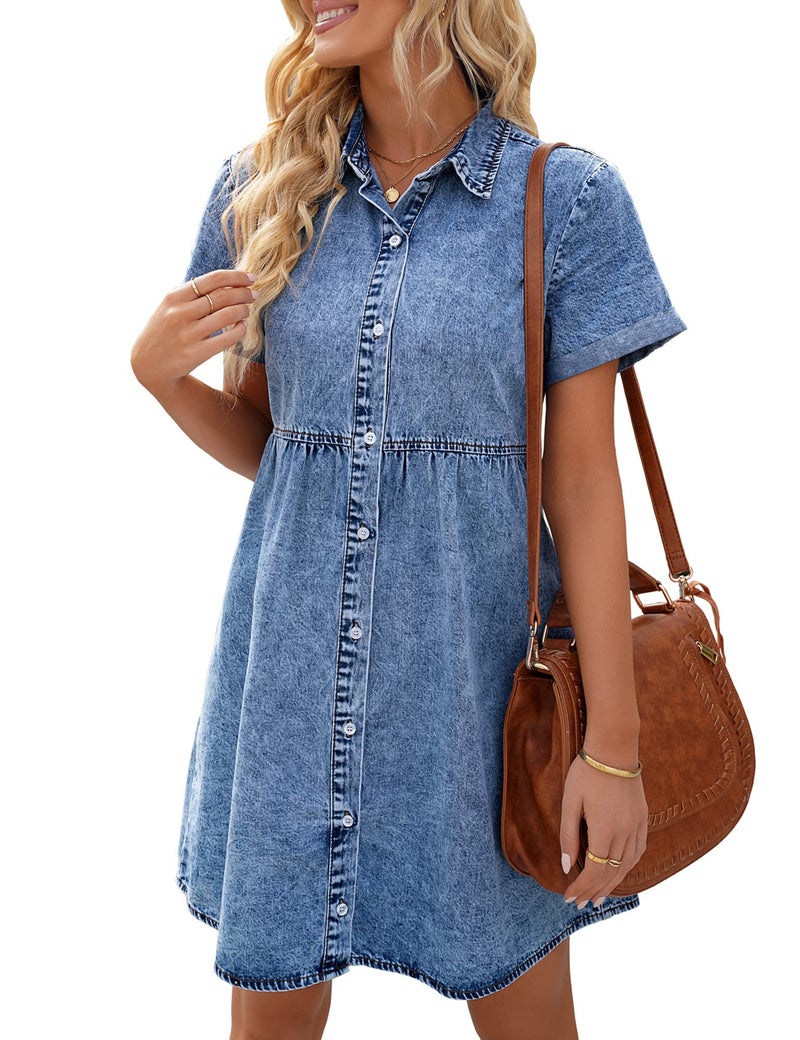 LookbookStore Denim Dress for Women Babydoll Short Sleeve Jean Oversized Lapel Collared Summer Reef Blue Size XL 16 18 - Image 1