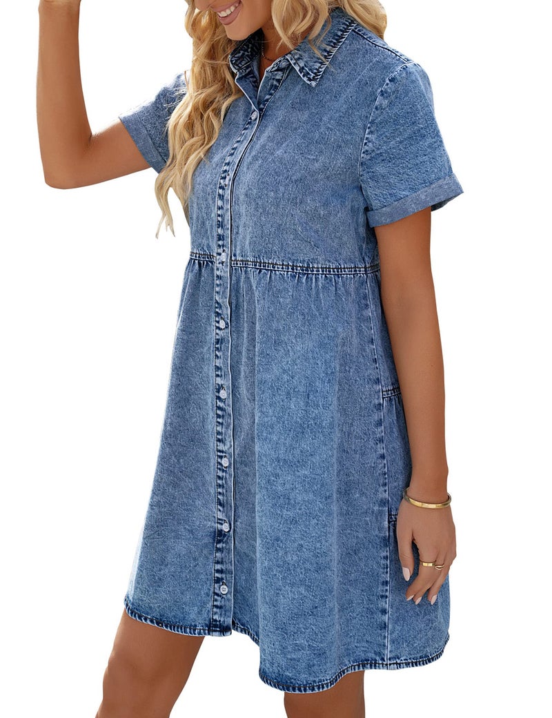 LookbookStore Denim Dress for Women Babydoll Short Sleeve Jean Oversized Lapel Collared Summer Reef Blue Size XL 16 18 - Image 4