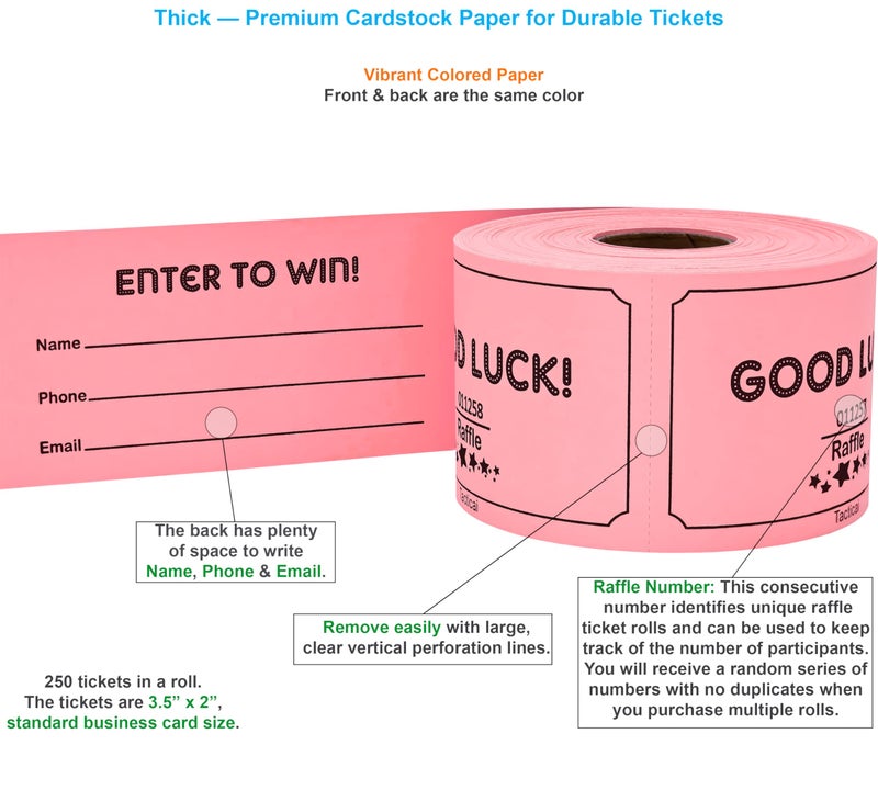 Tacticai 250 Raffle Tickets, Pink (1 of 8 Colors), Raffle Cards, Entry Form with Name, Phone & Email for Events, Fundraiser & Prizes - Image 2