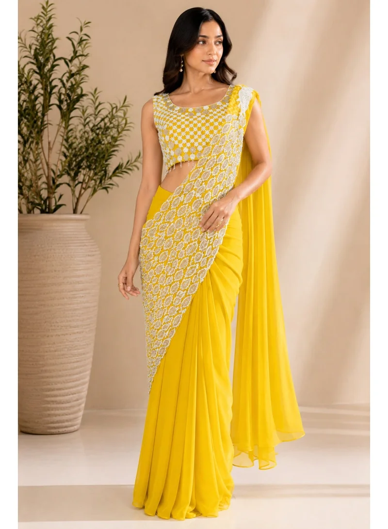 Lehar Sunshine Yellow Ready-to-Drape Saree with Hand Embroidered Mirror Work Blouse
