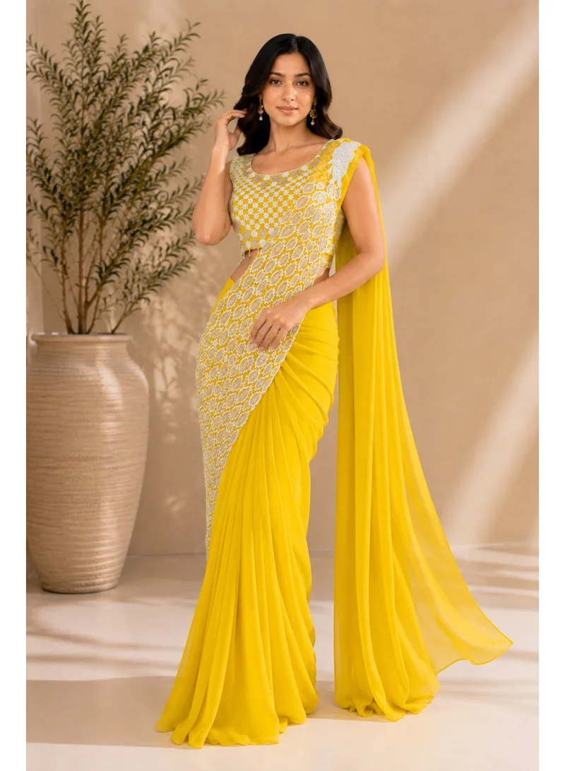 Lehar Sunshine Yellow Ready-to-Drape Saree with Hand Embroidered Mirror Work Blouse