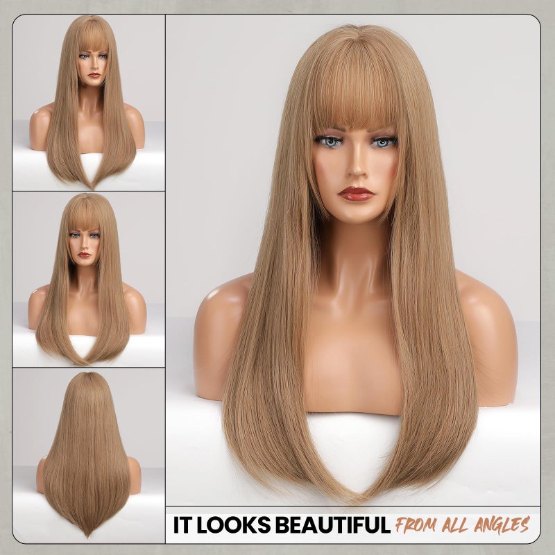 EMMOR Blonde Wig With Bangs For Women Long Straight Wigs Synthetic For Girls Halloween Party Cosplay And Daily Use(26" Blonde) - Image 2
