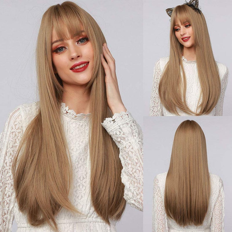 EMMOR Blonde Wig With Bangs For Women Long Straight Wigs Synthetic For Girls Halloween Party Cosplay And Daily Use(26" Blonde) - Image 1